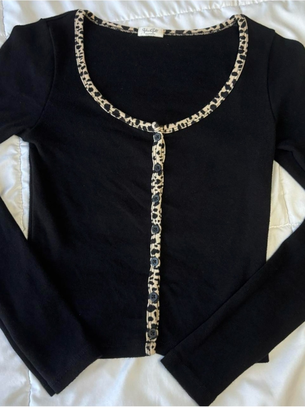 Brandy Melville Black Button-Down Top with Leopard Trim
